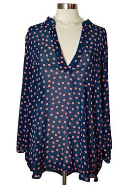 Teenbell Womens 2X  Tunic Blouse Navy Chic Sheer Lng Slv Cottagecore Preppy